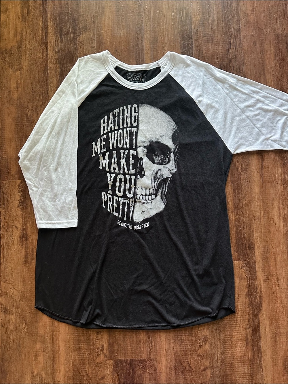Beautiful Disaster Black & White Raglan Skull Graphic Shirt